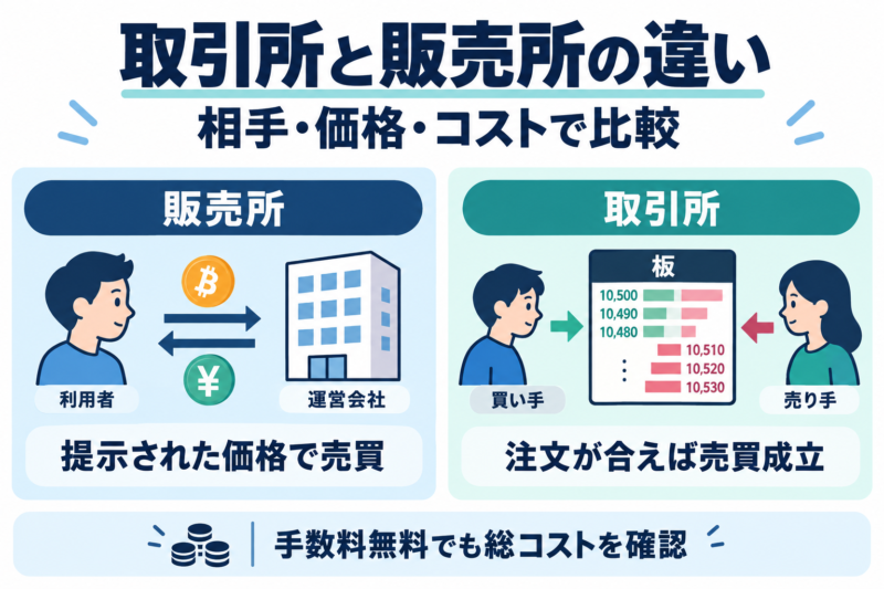 販売所は運営会社の提示価格、取引所は板の注文が合うと売買が成立する仕組みの比較