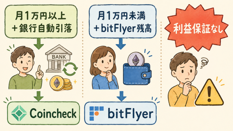 CoincheckとbitFlyerのETH積立を月額と銀行引落しで選ぶ判断図。利益保証なし。