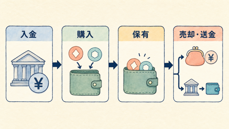Coincheckで日本円を入金し、暗号資産を購入・保有した後に売却または送金する流れ