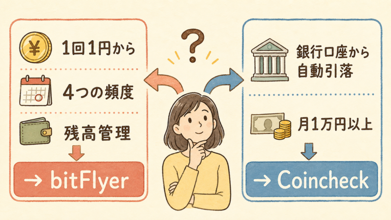 1回1円から4つの頻度と残高管理ならbitFlyer、銀行口座自動引落と月1万円以上ならCoincheckという使い分け図解