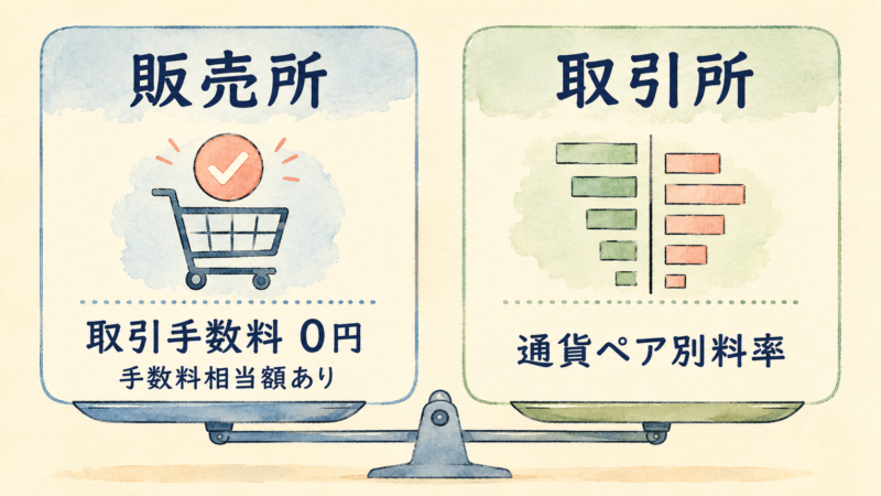 Coincheckの販売所と取引所の手数料の違いを比較した図解