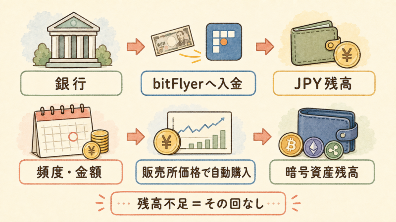 銀行からbitFlyerへ入金し、JPY残高から自動購入して暗号資産残高になる資金フロー。残高不足の回は買付されない。