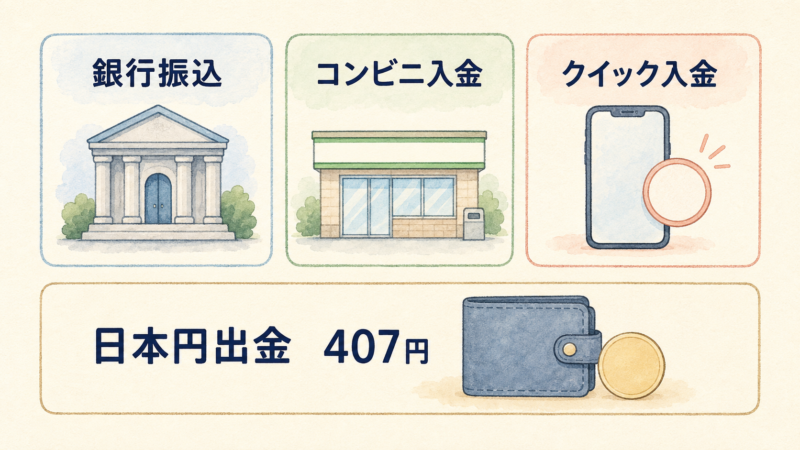 Coincheckの銀行振込・コンビニ入金・クイック入金と日本円出金407円を示す図解
