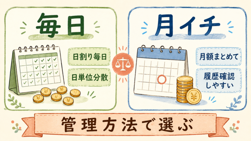 Coincheckつみたての毎日プランと月イチプランを購入日と履歴管理で比較する図解。