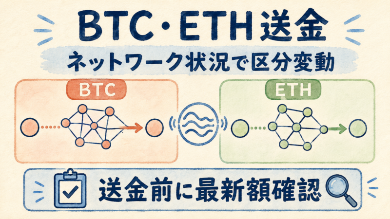 CoincheckのBTC・ETH送金手数料がネットワーク状況で区分変動し送金前に最新額確認が必要なことを示す図解