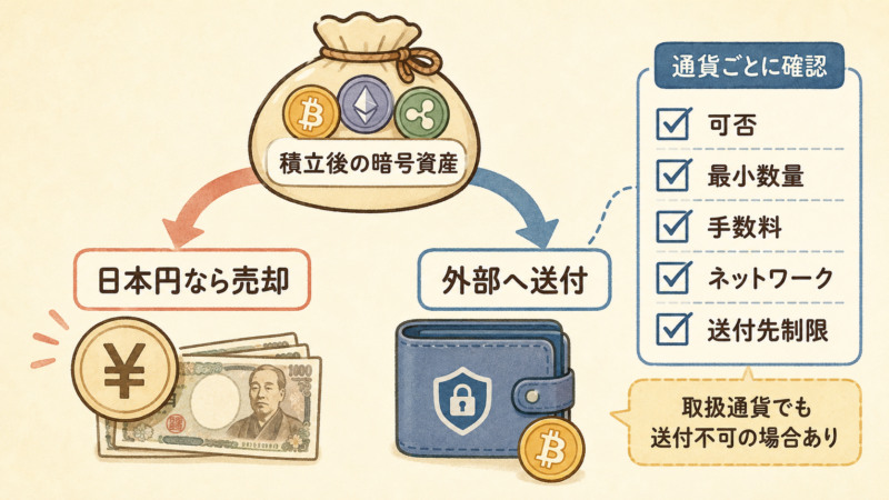積立後の暗号資産を日本円なら売却、外部送付なら可否や最小数量などを確認する判断図