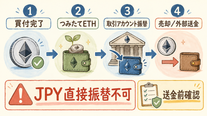 CoincheckつみたてのETHを取引アカウントへ振り替えて売却または外部送金する流れの図解。