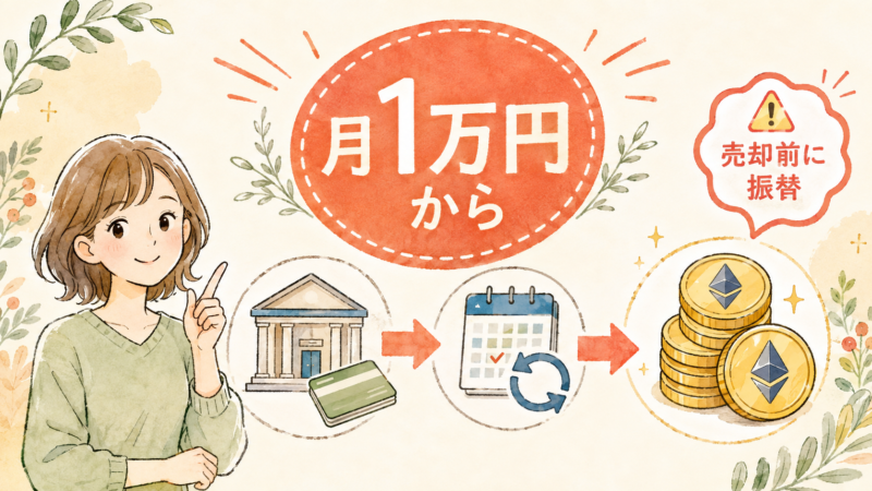 銀行口座から自動引落しでETHを積み立てるCoincheckつみたてのアイキャッチ図。月1万円から、売却前に振替。