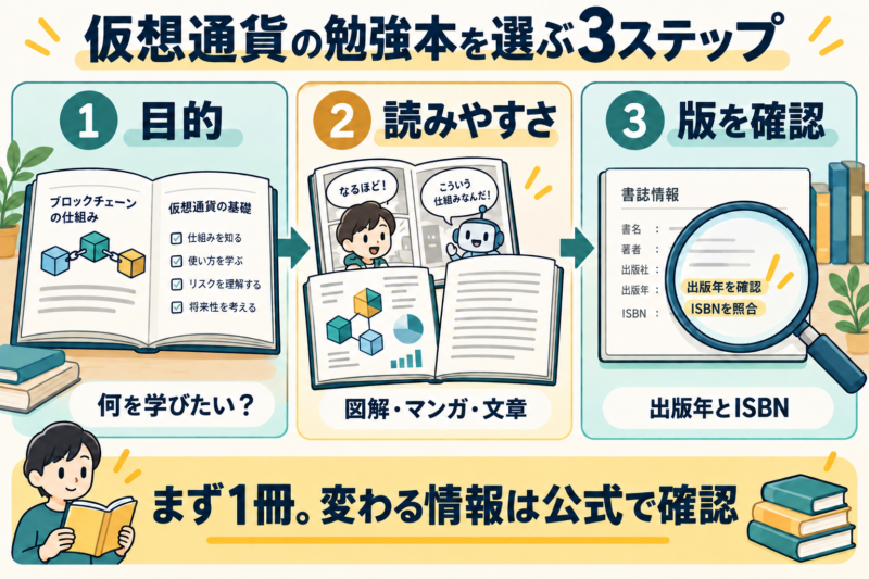 仮想通貨の勉強本を目的、読みやすさ、出版年とISBNの3段階で選ぶ図解