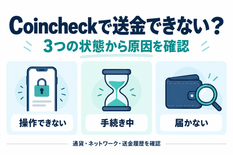 Coincheckの送金トラブルを操作できない・手続き中・届かないの3状態に分けた図