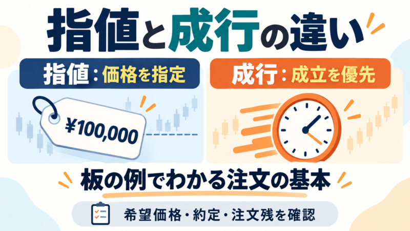 指値は価格を指定し、成行は成立を優先する注文方法。価格表示はイメージ