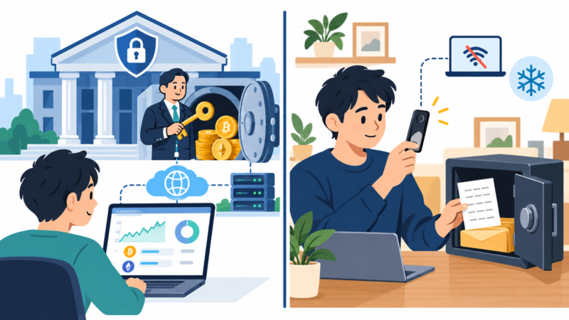 仮想通貨の保管方法を、取引所への預託と自己管理ウォレットで比較した図
