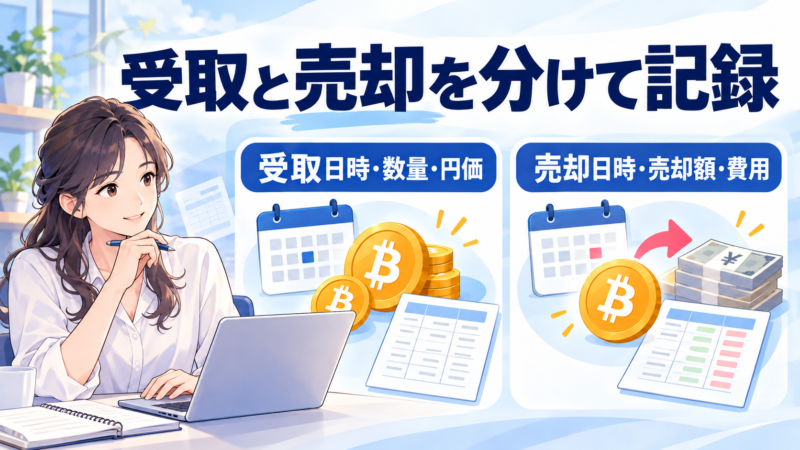 受取日時・数量・円価と売却日時・金額・費用を別々に記録する図