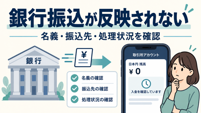 仮想通貨取引所への銀行振込で名義・振込先・処理状況を確認するイメージ