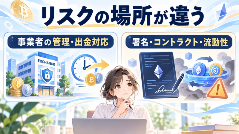 管理・出金対応と署名・コントラクト・流動性リスクを比較