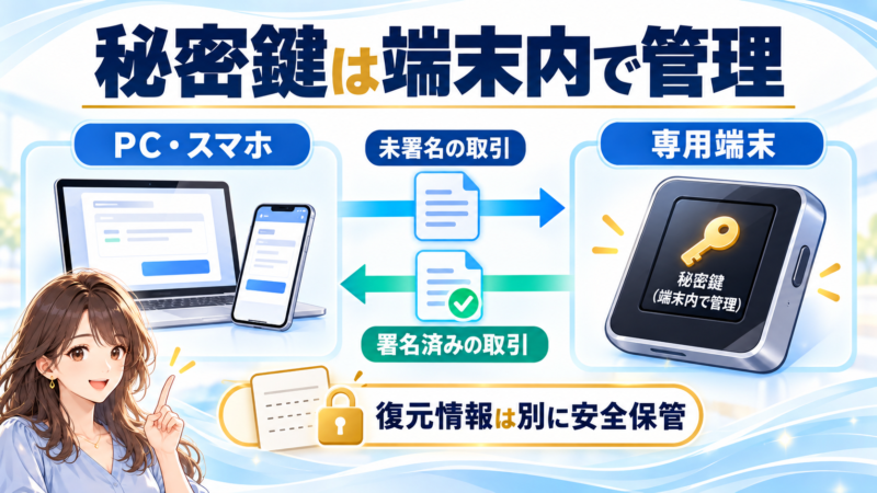 専用端末内で秘密鍵を管理し、署名済み取引だけを返す