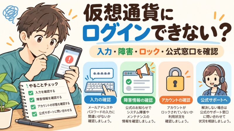 仮想通貨取引所のログインエラーを症状別に切り分けるイメージ
