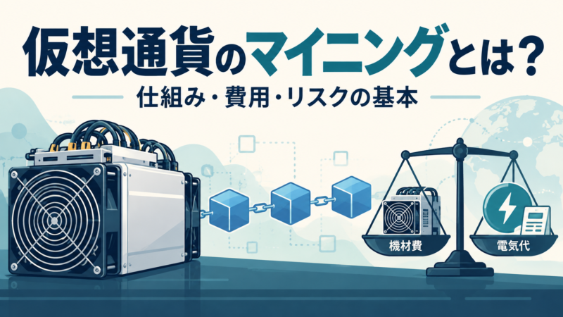 ビットコイン採掘の専用機とブロック、機材費・電気代を示すイメージ