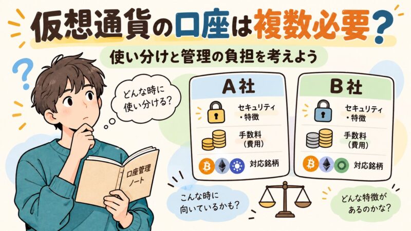 一社の仮想通貨口座から始め二社目の必要性を比較するイメージ