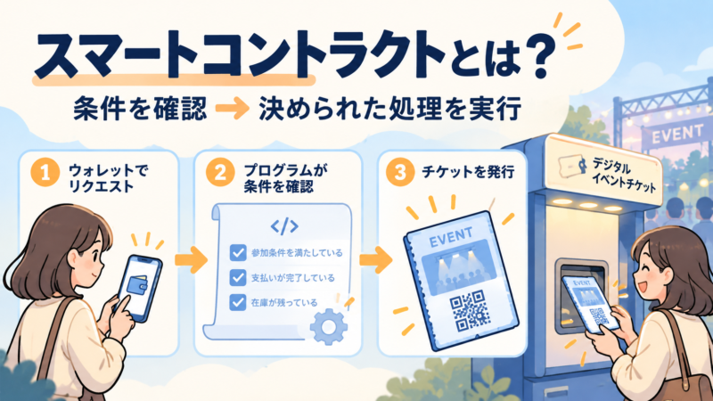 ウォレットからの依頼を受け、プログラムが条件を確認してデジタル入場券を発行する流れ