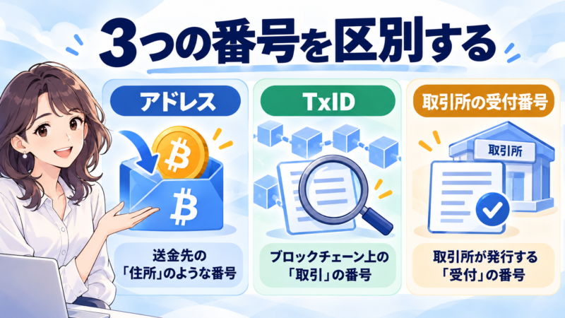 アドレス、TxID、取引所の受付番号の違い