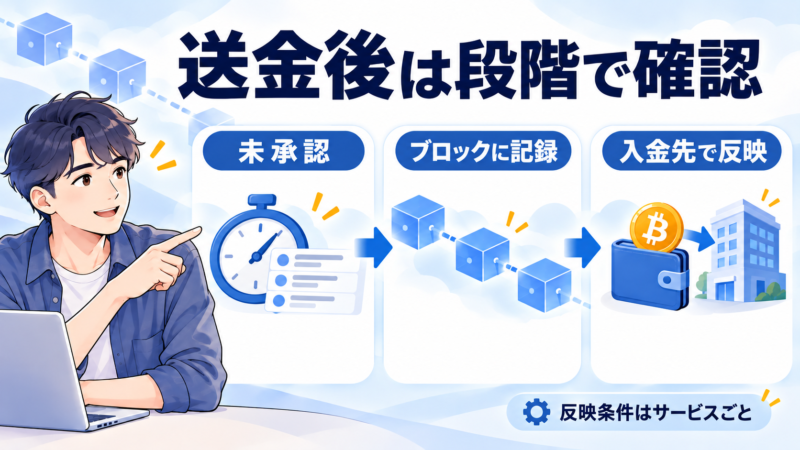 未承認、ブロックへの記録、入金先での反映