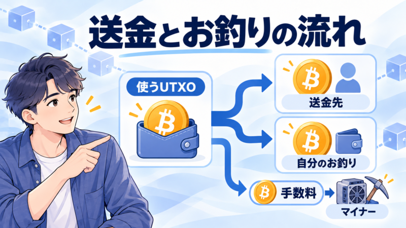 送金先への出力と自分のお釣り、手数料の関係