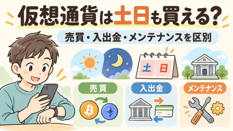 週末の夜に暗号資産の売買と銀行入出金の時間差を確認するイメージ