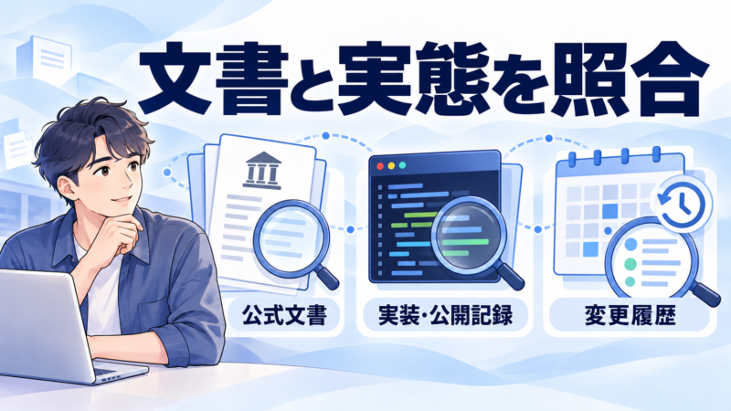 公式文書と実装・公開記録と変更履歴を照合する図