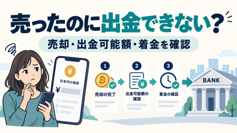 仮想通貨の売却成立・出金可能額・銀行着金を分けて確認するイメージ